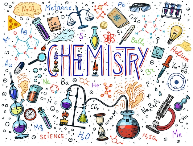 Vector química de iconos conjunto pizarra con elementos fórmulas átomo tubo de ensayo y equipo de laboratorio espacio de trabajo de laboratorio y reacciones investigación ciencia educación médica grabado dibujado a mano