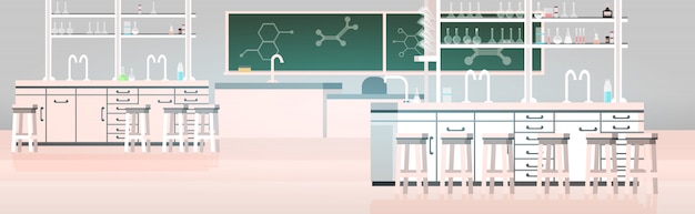 Química de laboratorio en el interior del aula de ciencias de la universidad de la universidad vacía ninguna gente laboratorio con muebles horizontales