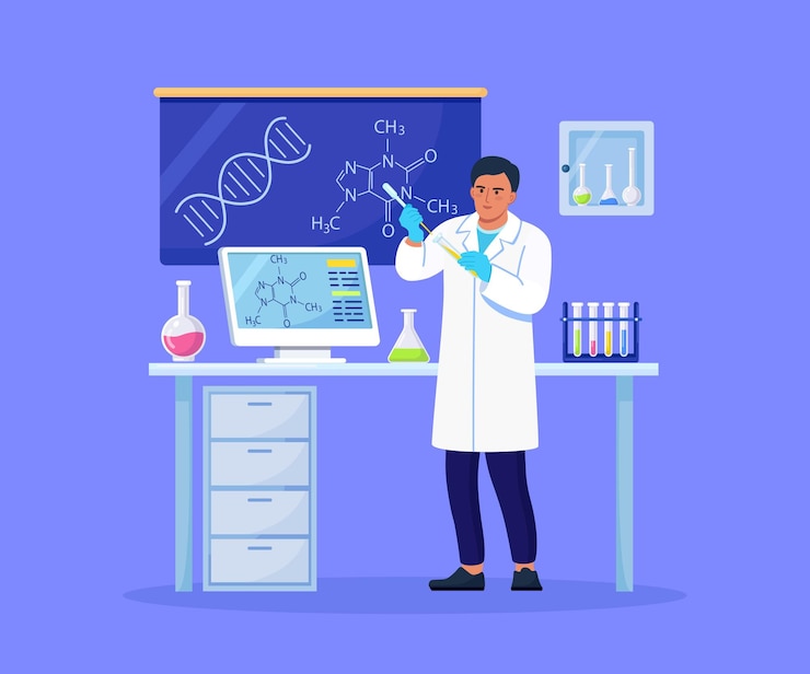 Vector químico de hombre con frascos con líquido en mano. el científico está experimentando con equipos para el descubrimiento de vacunas en el laboratorio. médico que trabaja en el desarrollo de tratamientos antivirales.