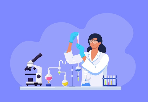 Químico joven hermosa mujer con frascos con líquido en la mano. La muchacha científica está experimentando con equipos para el descubrimiento de vacunas. Chica trabajando en el desarrollo de tratamientos antivirales