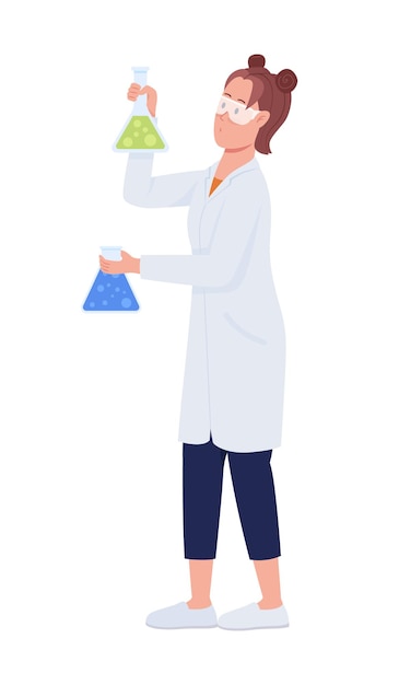 Químico con vasos de precipitados de carácter vectorial de color semiplano. Figura de pie. Persona de cuerpo completo en blanco. Experimente la ilustración de estilo de dibujos animados modernos aislados para diseño gráfico y animación