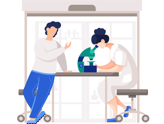 Los químicos profesionales en su laboratorio realizan diferentes experimentos sobre la mesa. Trabajadora médica en laboratorio con microscopio. Educación en ciencias químicas en laboratorio, investigación y experimentación.
