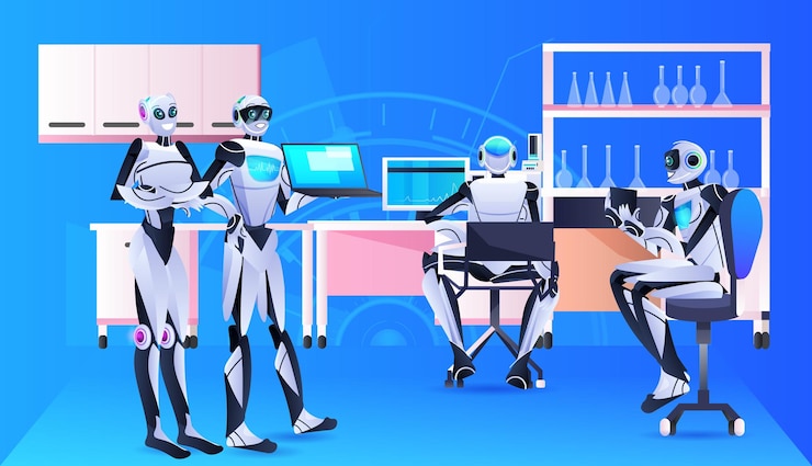 Vector químicos robóticos haciendo experimentos químicos en el laboratorio de ingeniería genética concepto de inteligencia artificial interior de laboratorio horizontal de longitud completa