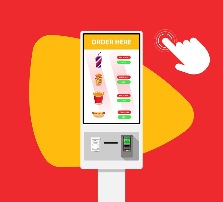 Vector quiosco de autoservicio y autopago para cadenas de comida rápida, restaurantes y minoristas de pie