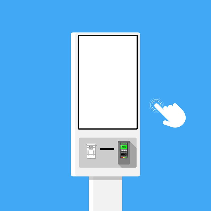 Vector quiosco de autoservicio y autopago para cadenas de comida rápida, restaurantes y minoristas de pie