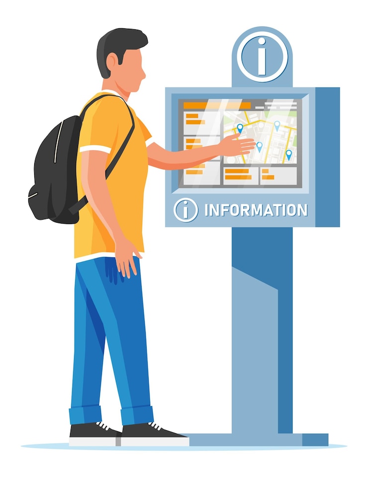 Vector quiosco de información y hombre aislado en el panel de información digital de letrero blanco quiosco de pantalla táctil interactiva de la calle ayuda interfaz de tablero digital o terminal de pago ilustración vectorial plana de dibujos animados
