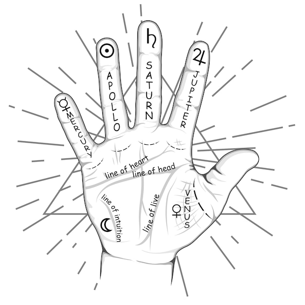 Quiromancia de la mano o quiromancia de la mano con planetas y signos del zodiaco Mapa de quiromancia de la mano Adivinación y predicción
