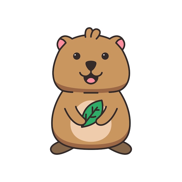 Quokka lindo con una hoja Ilustración vectorial en fondo blanco