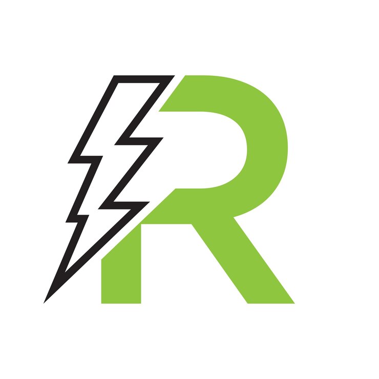 Vector r para la combinación del logotipo eléctrico con el diseño del logotipo del icono de energía del rayo y el trueno