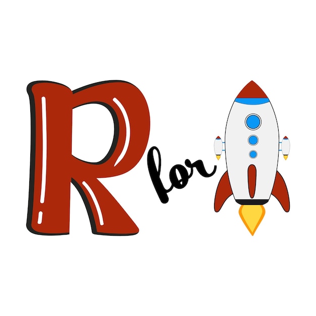 R para rocket r letter and rocket vector illustration diseño de alfabeto para niños