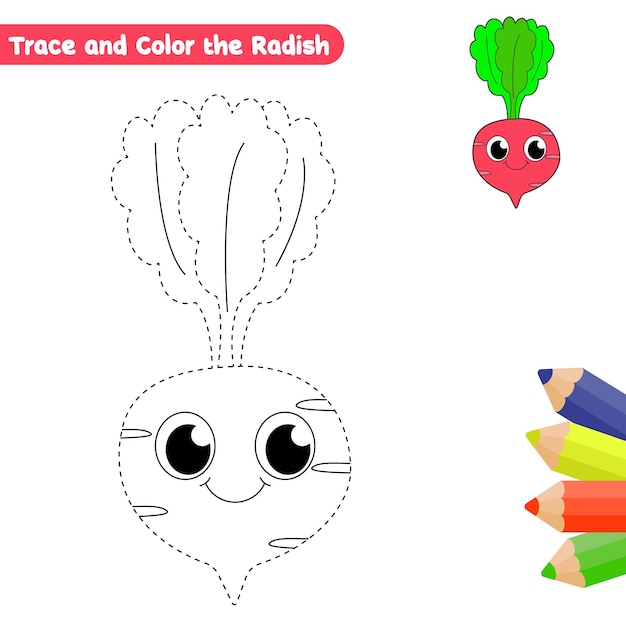 Rábano trazado y página de colorear para niños vector con boceto colorido