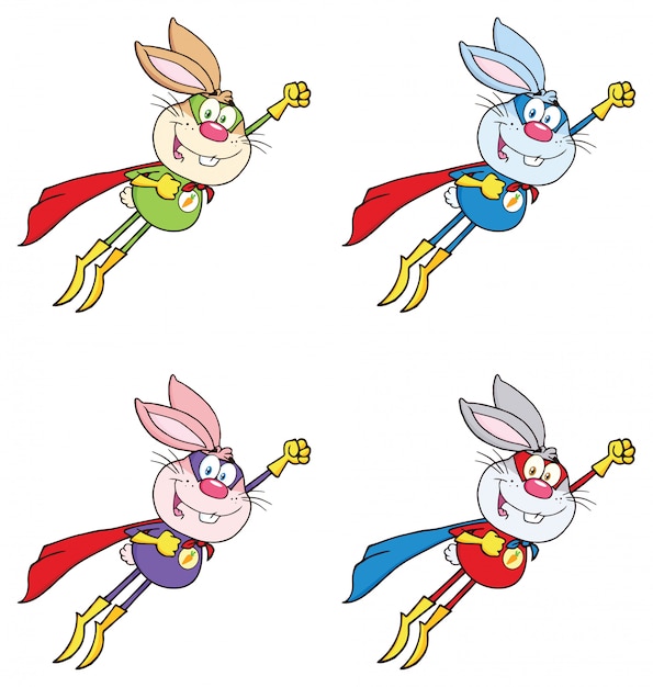 Rabbit super hero cartoon mascot character set