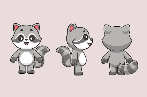 Raccoon lindo con vista delantera y trasera icono vectorial de dibujos animados Ilustración naturaleza animal aislada