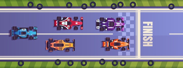 Race Cartoon Fórmula Uno competencia Vista superior de los autos de carreras conduciendo en la carretera Bolides cruzando la línea de meta Campeonato extremo de Rally de transporte de alta velocidad Tráfico de automóviles vectoriales