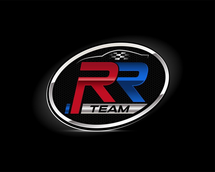 Race Team Emblem badge Diseño de logotipo con efecto metálico y fondo negro