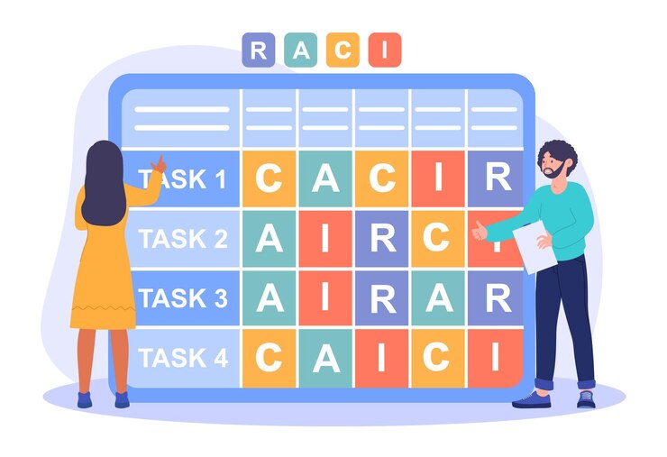 Vector raci concepto de matriz un hombre y una mujer distribuyen correctamente las tareas en la tabla para obtener el máximo