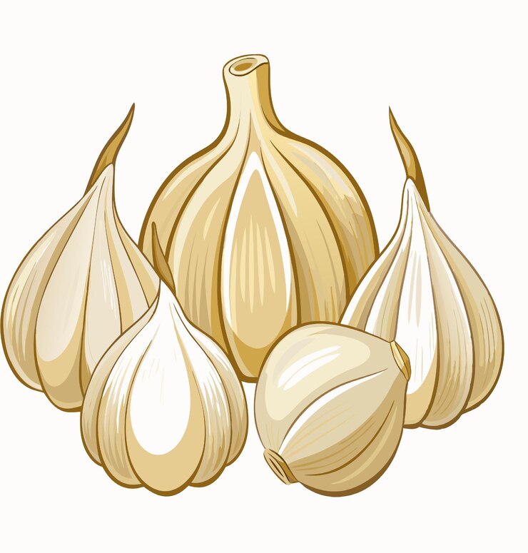 Vector un racimo de cuatro bulbos de ajo enteros y clavos individuales que muestran su color beige cremoso e intrínseco