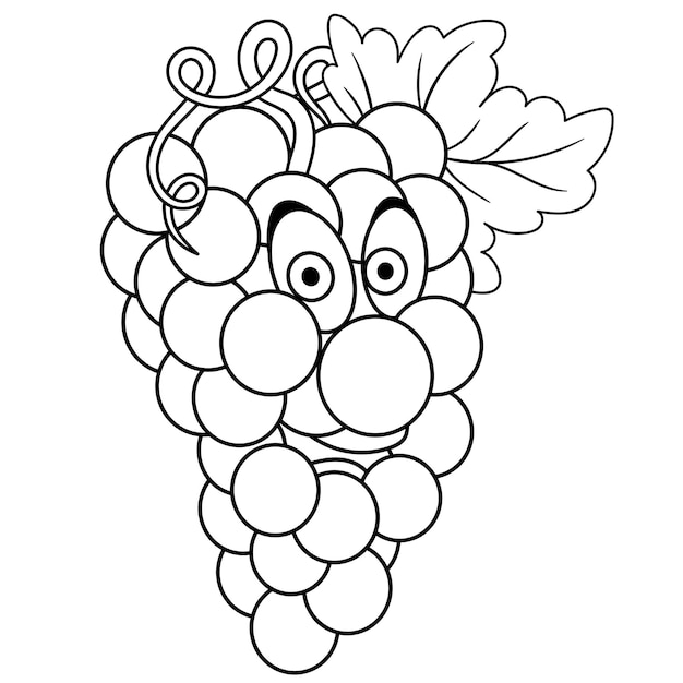 Racimo de uvas sonriendo. Cara de emoji de comida divertida de dibujos animados. Página para colorear de niños.