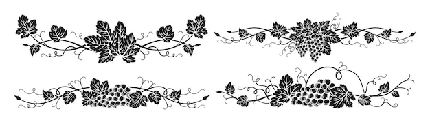 Vector racimos de divisor de vid de uva dibujado conjunto de grabado decoraciones de vino borde floral marco de bayas de uvas