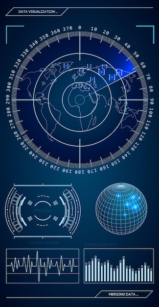 Radar verde militar. pantalla con objetivo. interfaz hud futurista. ilustración vectorial de acciones.