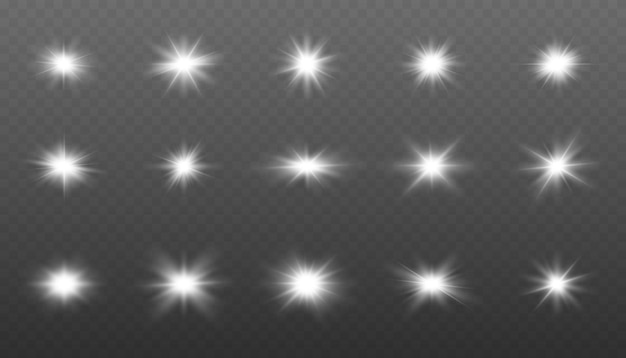 Radiancia estelar íconos de estrellas vectoriales doradas y negras en un fondo transparente conjunto de iluminación
