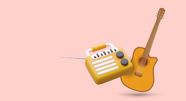 Vector radio 3d y guitarra música en viaje música en vivo y radiodifusión