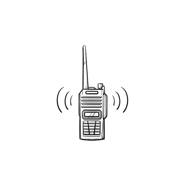 Radio con contorno dibujado de la mano de antena doodle icono. Radio de la policía y walkie talkie, concepto de radio portátil. Ilustración de dibujo vectorial para impresión, web, móvil e infografía sobre fondo blanco.