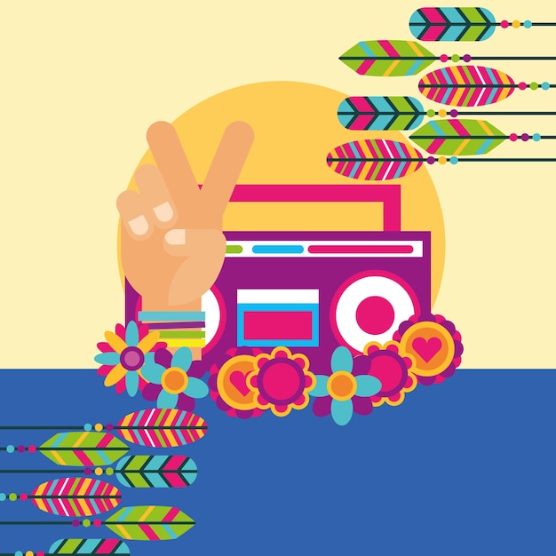 radio estéreo mano paz y amor flores pluma libre espíritu