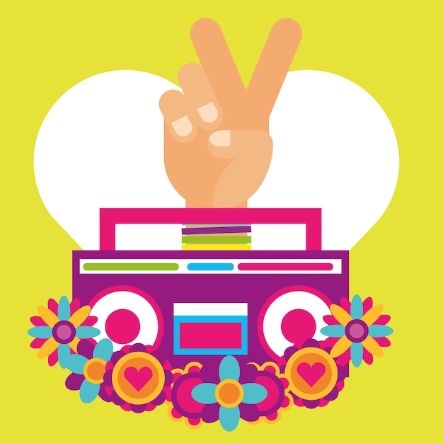 Radio estéreo mano pece y amor flores hippie espíritu libre