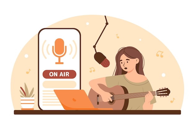 Radio en línea concepto mujer con guitarra grabación de música en el micrófono en el aire realizar desde el talento