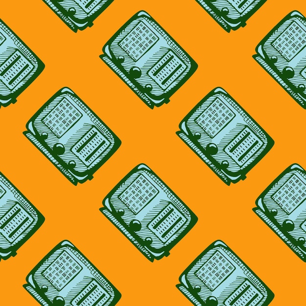 Radio retro grabada de patrones sin fisuras Equipo multimedia vintage en estilo dibujado a mano