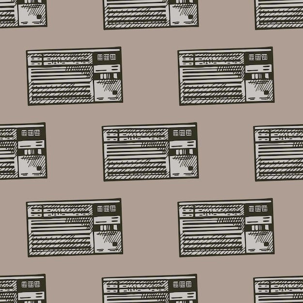 Radio retro grabada de patrones sin fisuras Equipo multimedia vintage en estilo dibujado a mano