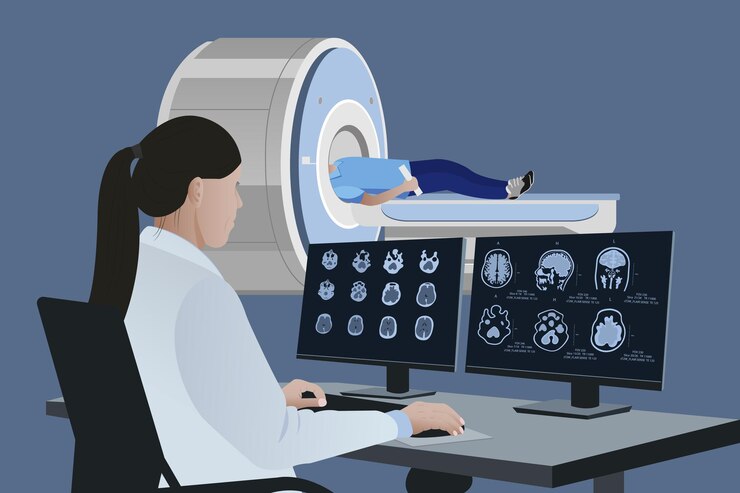 Vector un radiólogo analiza los resultados de la resonancia magnética del cerebro de un paciente en un monitor de computadora
