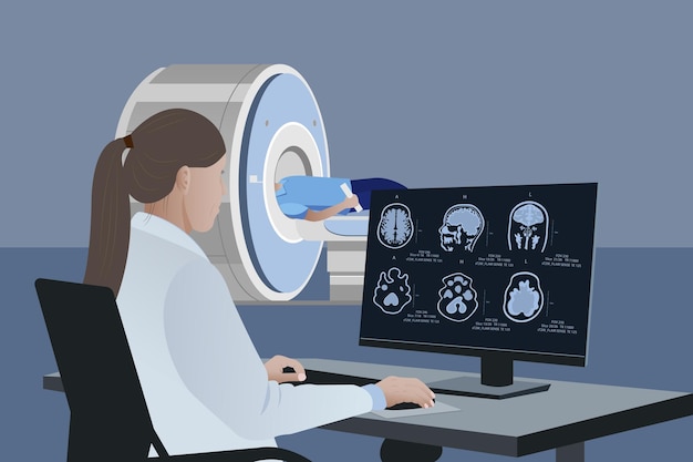 Vector un radiólogo analiza los resultados de la resonancia magnética del cerebro de un paciente en un monitor de computadora