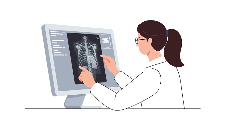 Vector un radiólogo examinando rayos x en una pantalla de computadora