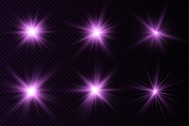 Ráfaga de luz brillante púrpura resplandor estrellas brillantes rayos de sol violeta efecto de luz destello de sol
