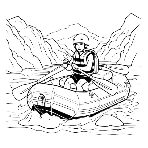 Rafting en las montañas Ilustración vectorial en blanco y negro