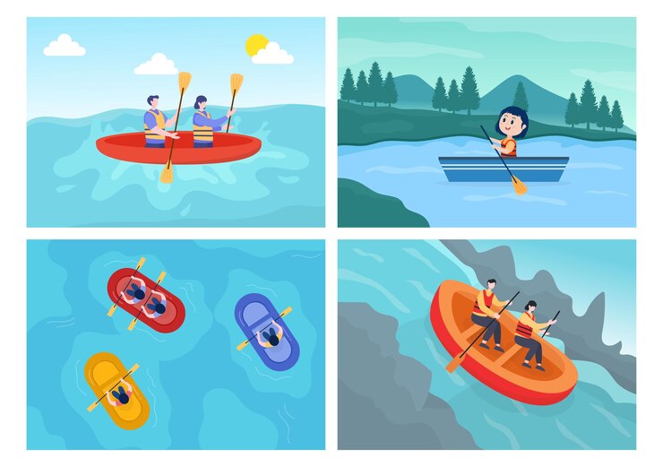 Vector rafting, piragüismo, kayak en el río ilustración vectorial