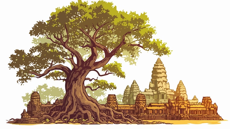 Vector las raíces de majestuosos árboles gigantes sobre las antiguas ruinas de angkor