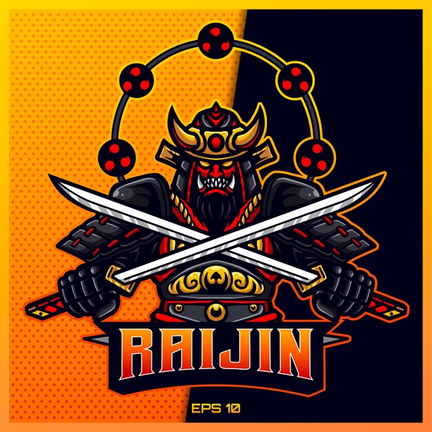 Raijin gold samurai agarra el diseño del logotipo de la mascota del deporte y la espada deportiva en un concepto de ilustración moderna para la insignia del equipo, el emblema y la impresión de sed. ilustración de ninja sobre fondo de oro. ilustración