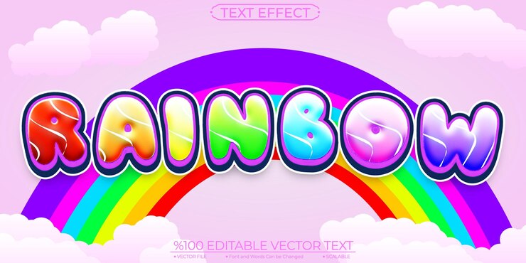 Vector rainbow sky background y colorful shiny rainbow efecto de texto vectorial editable y escalable