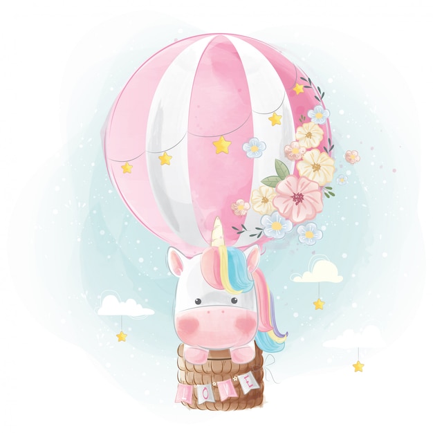 Rainbow Unicorn Flying with Balloon