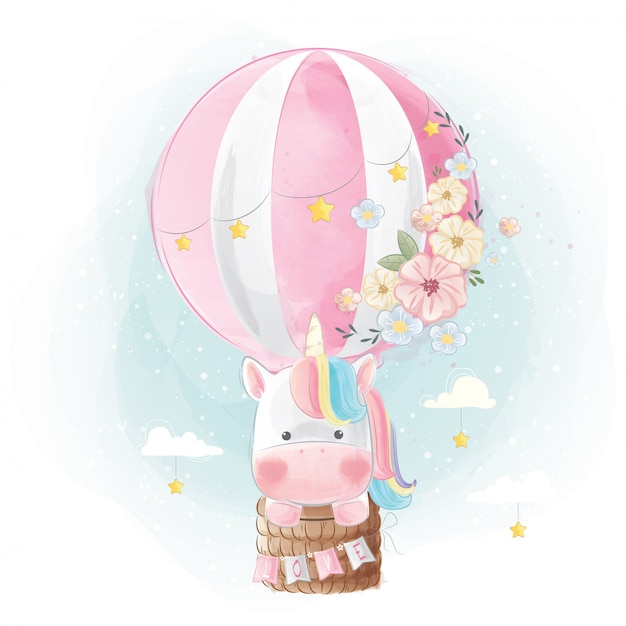 Rainbow unicorn flying with balloon