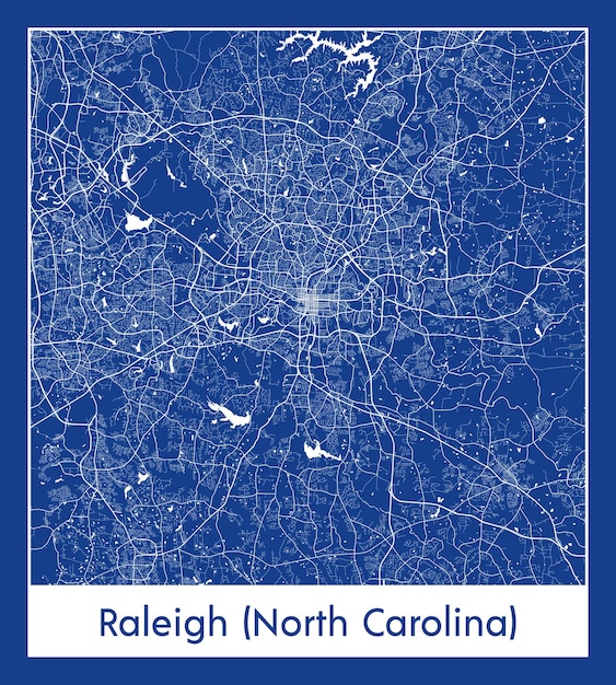 Vector raleigh, carolina del norte, estados unidos, américa del norte, mapa de la ciudad, impresión azul, ilustración vectorial