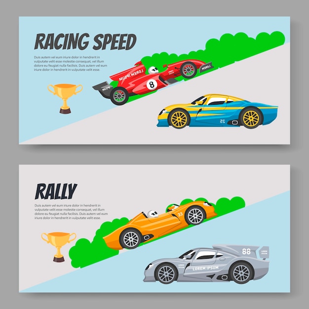 Rally y karting racing speed cars ilustración conjunto de dos pancartas.