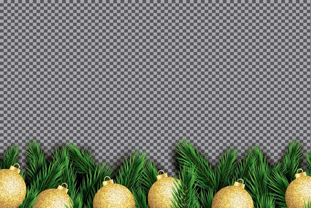 Rama de abeto con bolas de Navidad doradas sobre fondo transparente.
