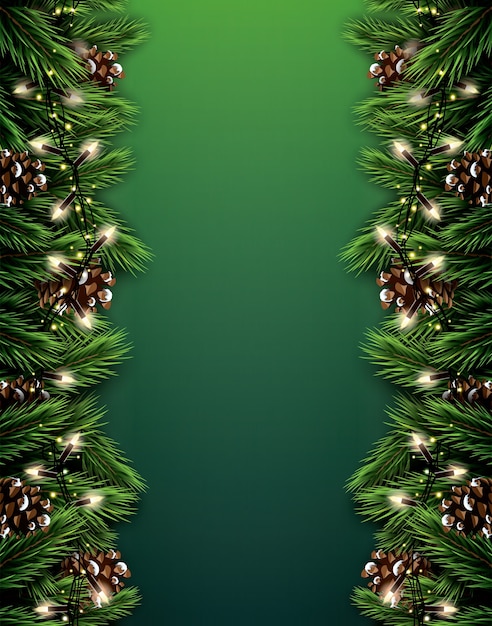 Rama de abeto con luces de neón y cono de pino sobre fondo verde. Feliz Navidad. Feliz año nuevo.