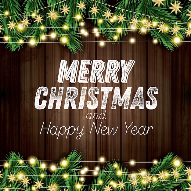 Rama de abeto con luces de neón sobre fondo de madera. Feliz navidad y próspero año nuevo. Ilustración de vector.