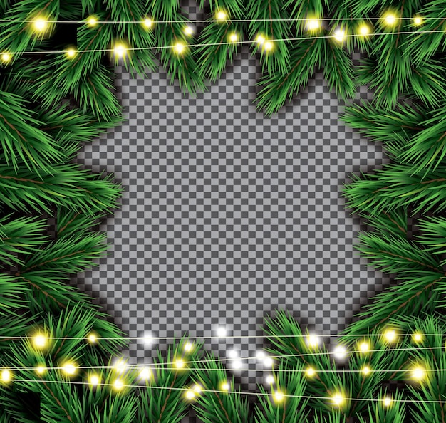 Rama de abeto con luces de neón sobre fondo transparente. Ilustración vectorial.