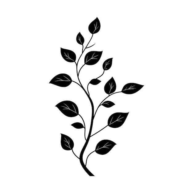 Rama de árbol decorativa con silueta vectorial de hojas pequeñas Ilustración vectorial del ícono de la hoja